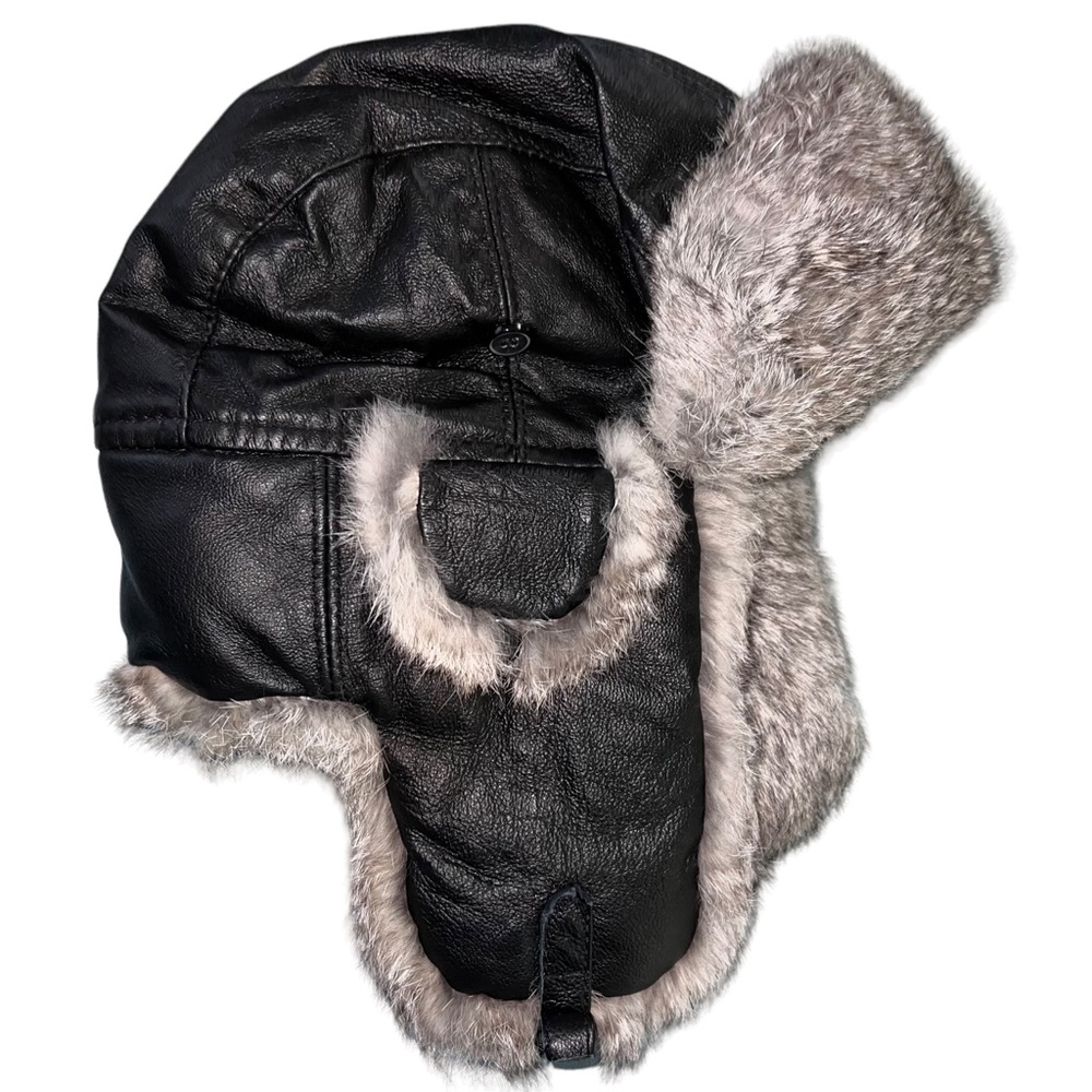 Black Leather and Rabbit Fur Flap Hat Russian Aviator Trapper